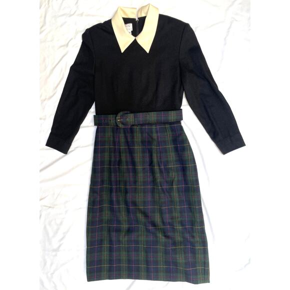 Talbots Petites Peter Pan Collar Tartan Black Green Plaid Belted Wool Dress, 4 - Picture 1 of 4